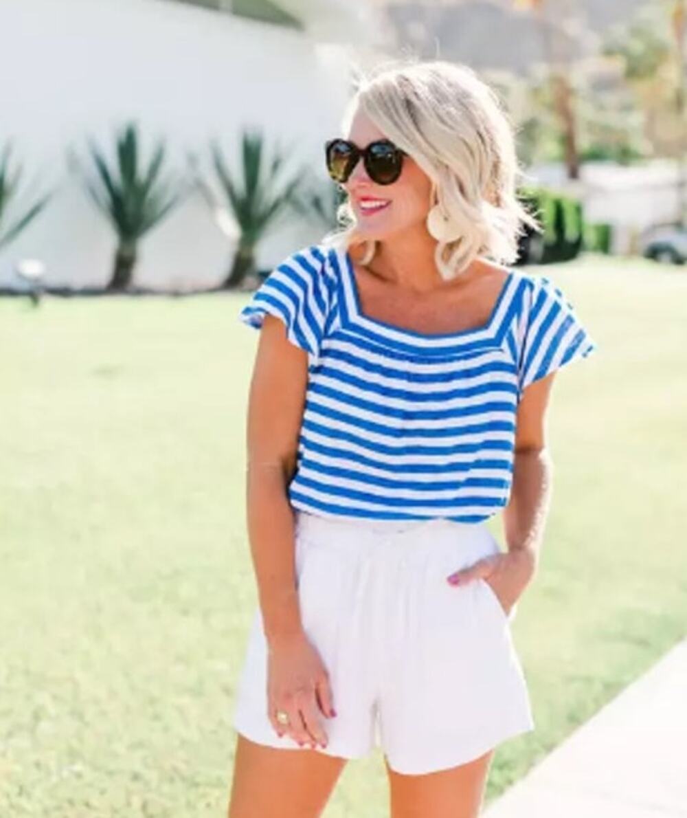 NWT Gibson x Hi Sugarplum Blue White Striped Ruffle Short Sleeve Top PetiteXXS